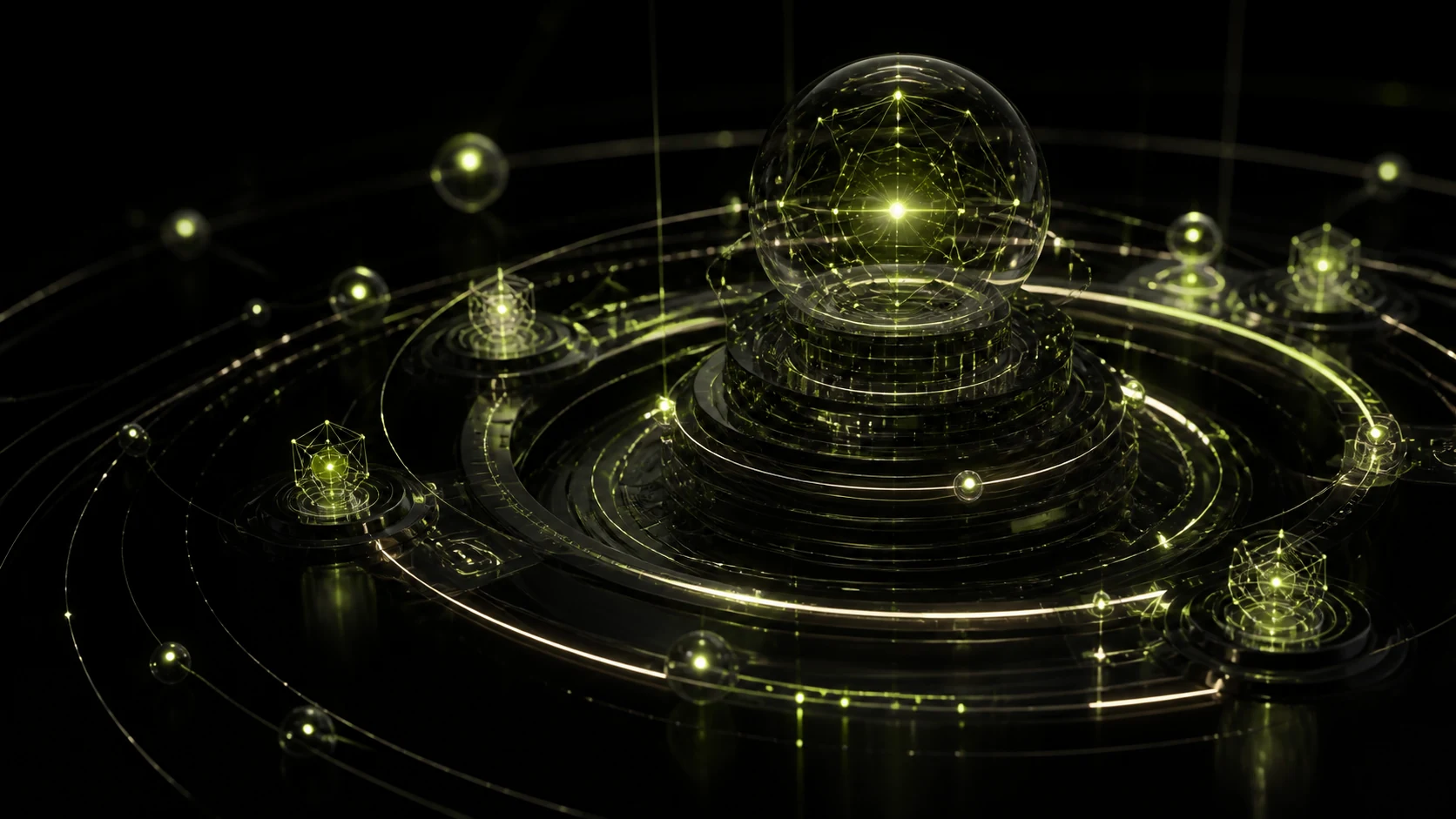 Abstract 3D visualization of the Topher AI orchestration system